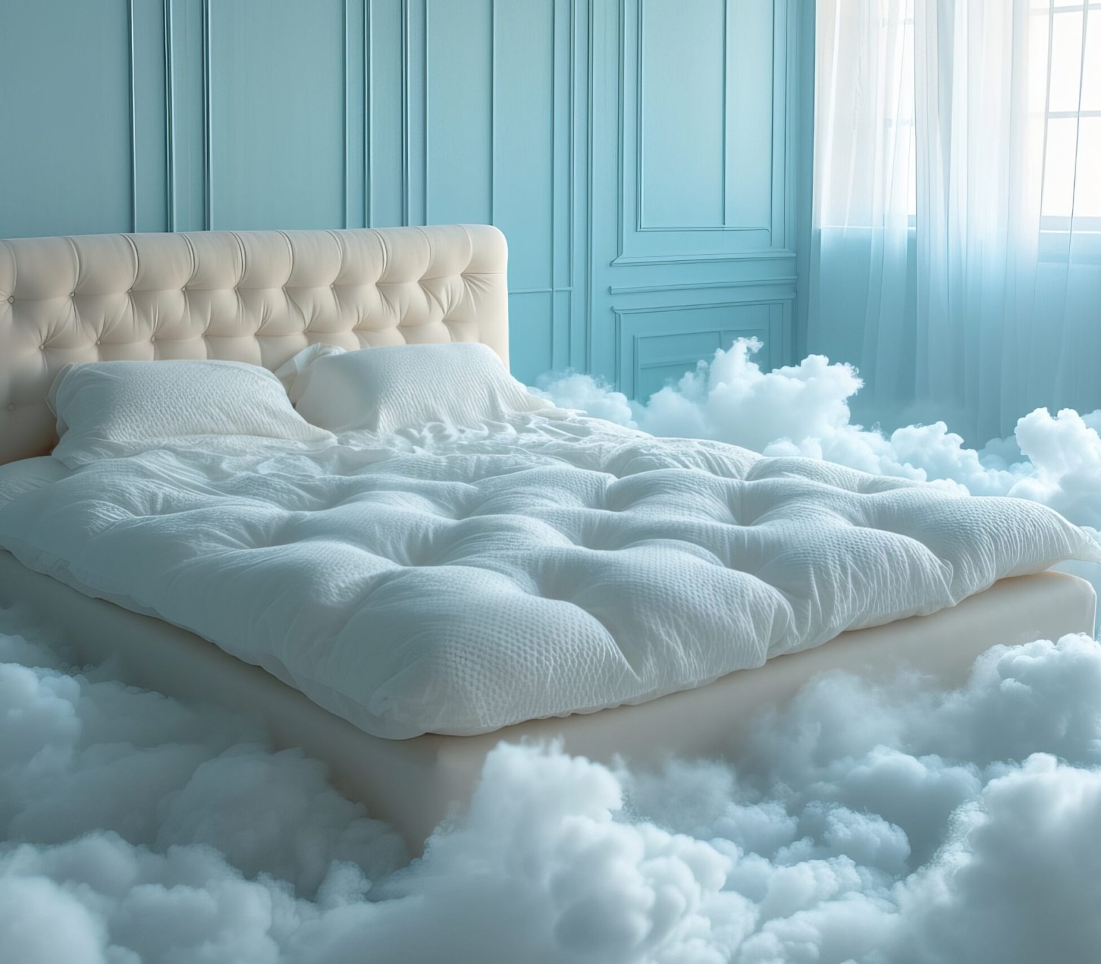 A comfortable cozy bed surrounded by fluffy clouds. perfect relaxing bedtime.