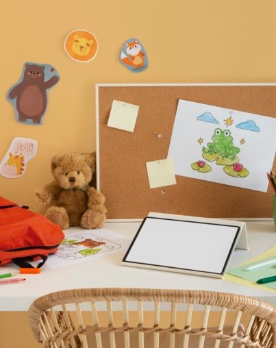 high-angle-children-s-desk-with-book-bag-tablet