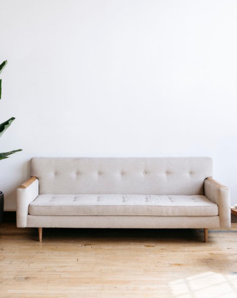 Modern beige fabric couch and plant in living room